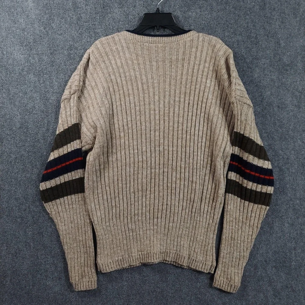 Army Navy Sweater Mens Large Beige Acrylic Striped Sleeve Crewneck Knit Pullover